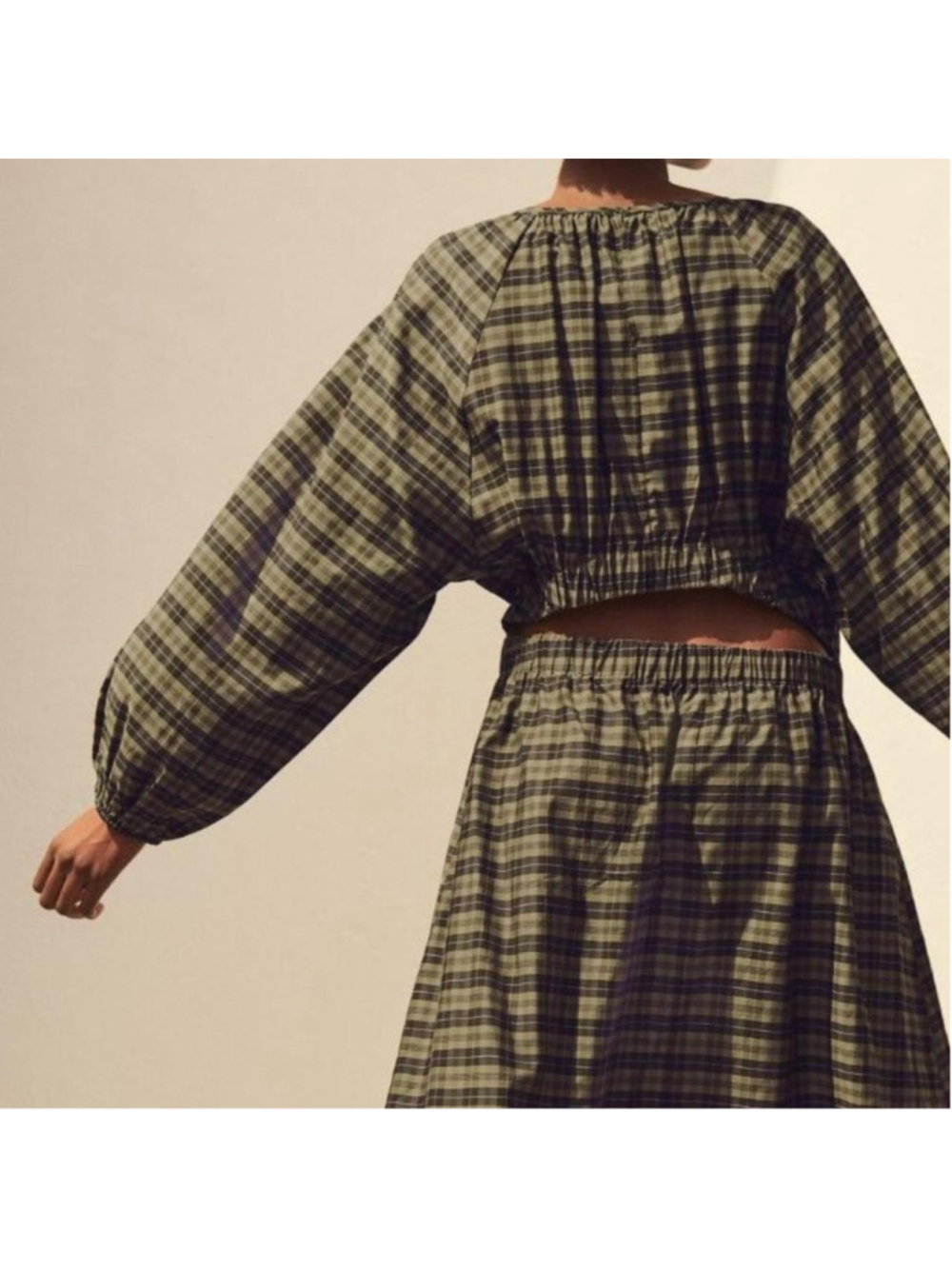 H&M green plaid midi dress with elastic waist and open back